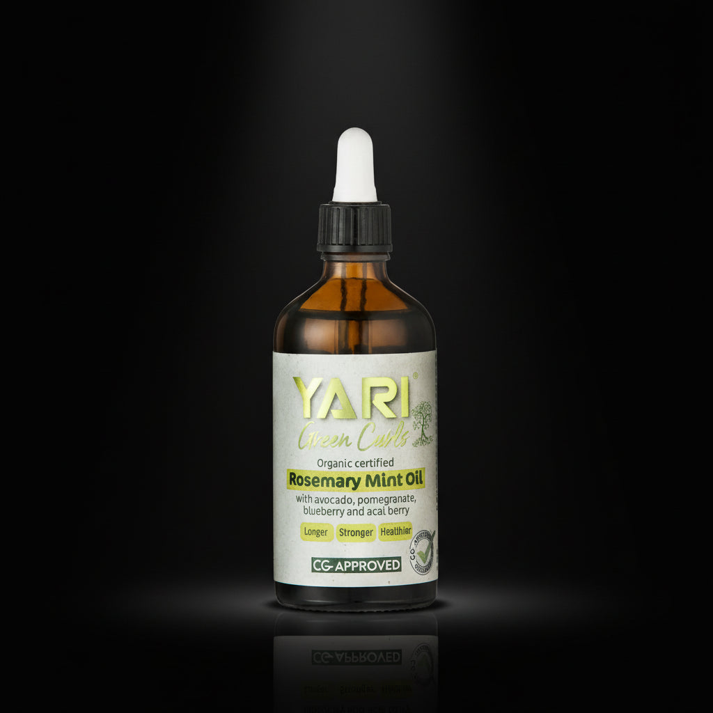 YARI Green Curly bottle of Rosemary Mint Oil on a white background