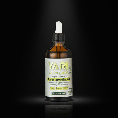 YARI Green Curly bottle of Rosemary Mint Oil on a white background