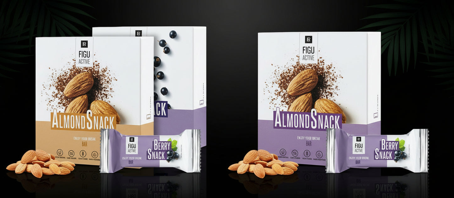 Man eating an almond snack with Almond Snack packaging and a berry snack bar in the background.