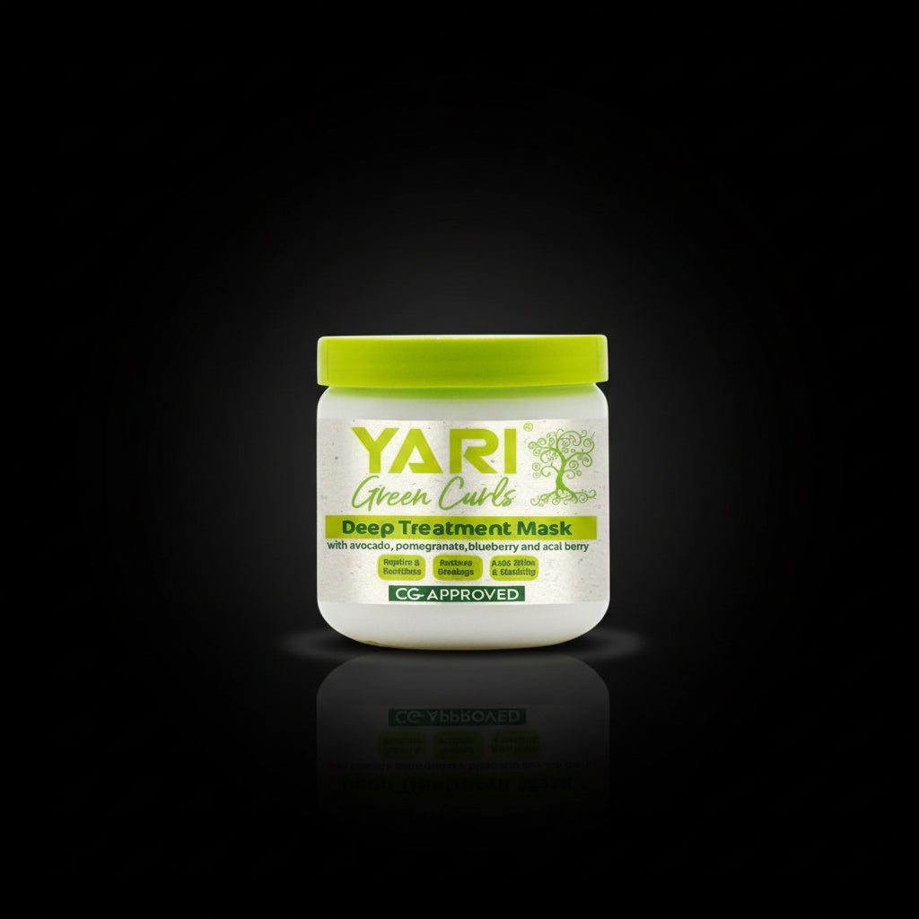 YARI Green Curls Deep Treatment Mask jar with green lid on a white background