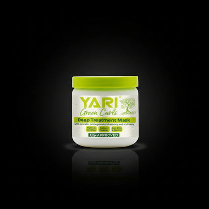 YARI Green Curls Deep Treatment Mask jar with green lid on a white background